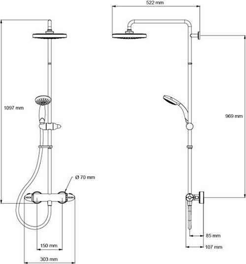 Technical image of Mira Coda Pro ERD Thermostatic Bar Shower Valve With Slide Rail Kit.