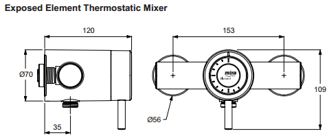 Technical image of Mira Element Exposed Thermostatic Shower Valve With Slide Rail Kit (Chrome).