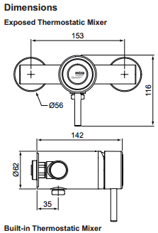 Technical image of Mira Element Exposed Thermostatic Shower Valve With Slide Rail Kit (Chrome).