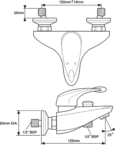 Technical image of Mira Excel Wall Mounted Bath Shower Mixer Tap With Shower Kit (Chrome).