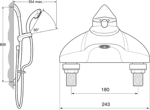 Technical image of Mira Excel TMV2 Thermostatic Bath Shower Mixer Tap With Slide Rail Kit.