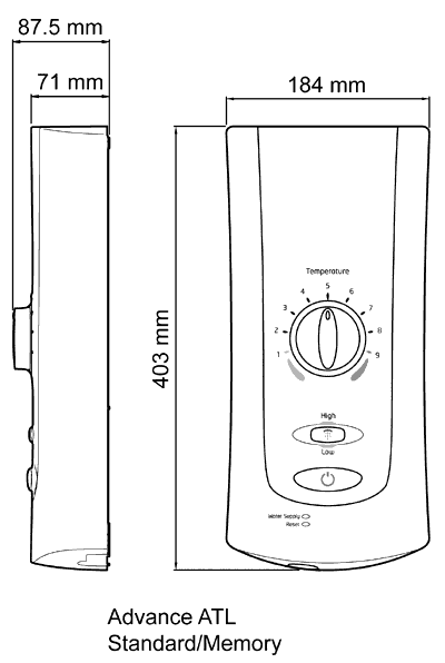 Technical image of Mira Electric Showers Mira Advance ATL Memory 9.8kW, white & chrome.