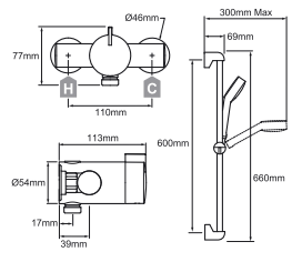 Technical image of Mira Minilite Eco Exposed Thermostatic Shower Valve With Slide Rail Kit.