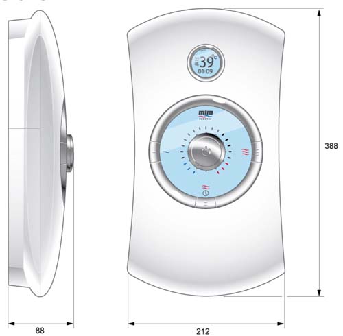 Technical image of Mira Orbis 9.8kW Thermostatic Electric Shower With LCD (White).