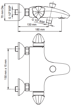 Technical image of Mira Verve Thermostatic Bath Shower Mixer Tap (Wall Mounted).