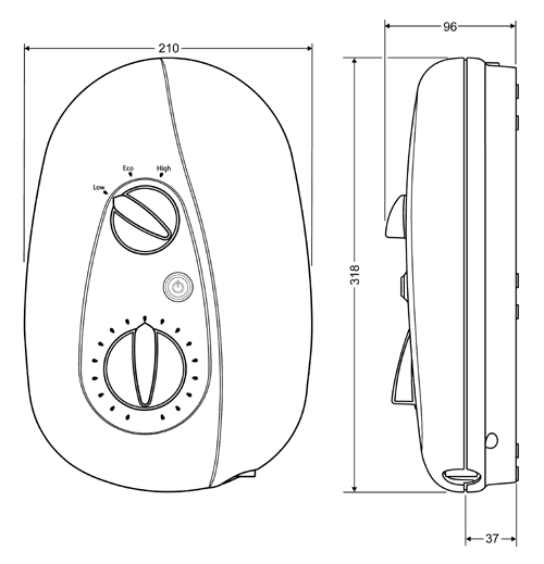 Technical image of Mira Vie 10.8kW Electric Shower In White & Chrome.