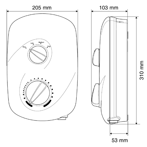 Technical image of Mira Zest 8.5kW Electric Shower In White & Chrome.