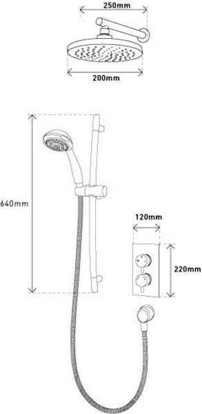 Technical image of MX Showers Atmos Select Shower Valve With Slide Rail Kit & Round Head.