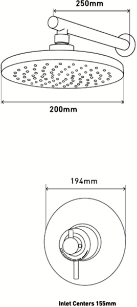 Technical image of MX Showers Atmos Zone Shower Valve With Round Shower Head & Arm.