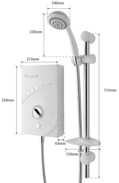 Technical image of MX Showers InspiratIon QI Electric Shower (8.5kW, White & Chrome).