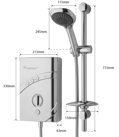 Technical image of MX Showers InspiratIon QI Electric Shower (8.5kW, Chrome).