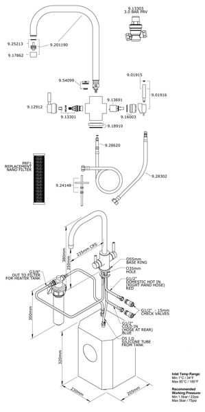 Technical image of Perrin & Rowe Phoenix 3n1 Boiling Water Kitchen Tap (Nickel, U Spout).