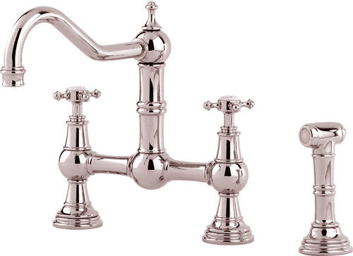 Larger image of Perrin & Rowe Provence Kitchen Tap With Rinser & X-Head Handles (Nickel).