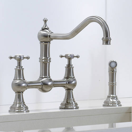Larger image of Perrin & Rowe Provence Kitchen Tap With Rinser & X-Head Handles (Pewter).