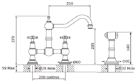 Technical image of Perrin & Rowe Provence Kitchen Tap With Rinser & X-Head Handles (Pewter).