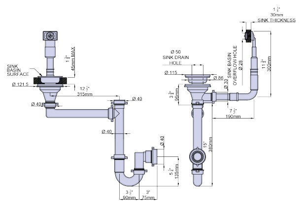 Technical image of Perrin & Rowe Wastes Single Bowl Sink Waste and Overflow Kit (Chrome).