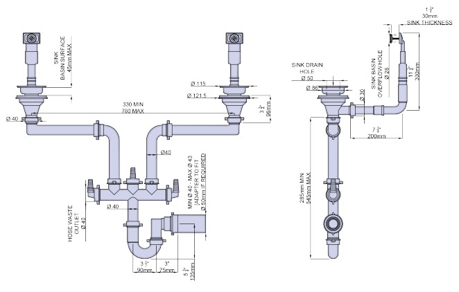 Technical image of Perrin & Rowe Wastes Double Bowl Sink Waste and Overflow Kit (Nickel).