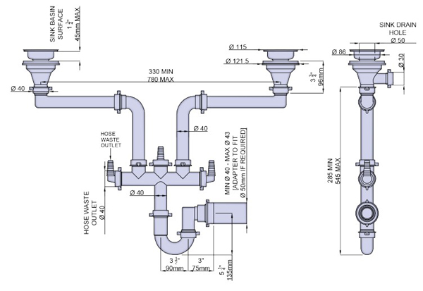 Technical image of Perrin & Rowe Wastes Double Bowl Sink Waste (Gold, No Overflow).