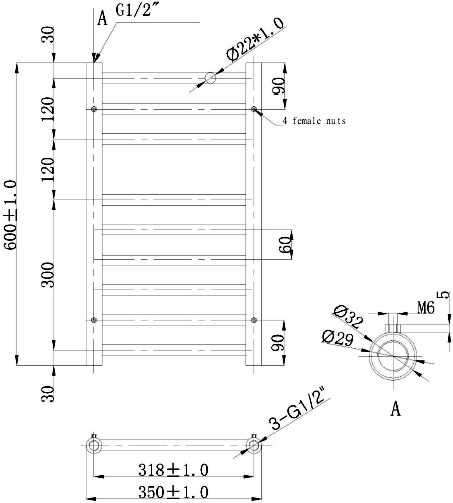 Technical image of Phoenix Radiators Athena Towel Radiator (9 Rails, Stainless Steel). 350x600.