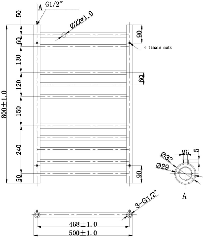 Technical image of Phoenix Radiators Athena Towel Radiator (10 Rails, Stainless Steel). 500x800.