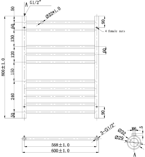 Technical image of Phoenix Radiators Athena Towel Radiator (10 Rails, Stainless Steel). 600x800.