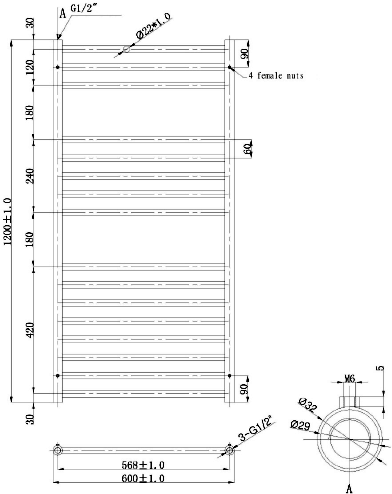 Technical image of Phoenix Radiators Athena Towel Radiator (16 Rails, Stainless Steel). 600x1200.