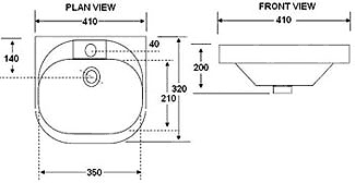 Technical image of Hydra Wall Hung Basin (1 Tap Hole). 410x320mm.