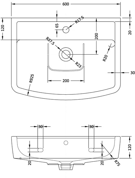 Technical image of Crown Ceramics Bliss 600mm Basin & Pedestal (1 Tap Hole).