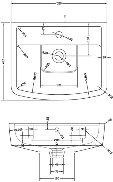 Technical image of Crown Ceramics Bliss 520mm Basin & Pedestal (1 Tap Hole).