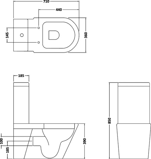 Technical image of Crown Ceramics Solace Toilet With Push Flush Cistern & Soft Close Seat.