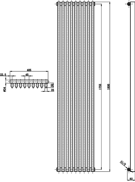 Technical image of Crown Radiators Cypress 4697 BTU Radiator (Anthracite). 1800x405mm.