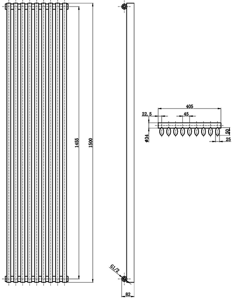 Technical image of Crown Radiators Cypress 4606 BTU Radiator (Silver). 405x1500mm.