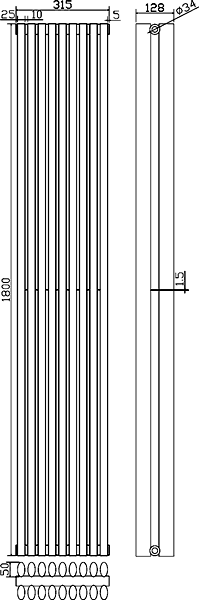 Technical image of Crown Radiators Cypress 5036 BTU Radiator (Black). 315x1800mm.