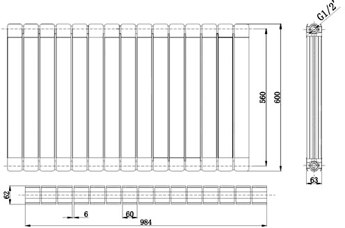 Technical image of Crown Radiators Myrtle Horizontal Radiator (Black). 984x600mm. 5728 BTU.