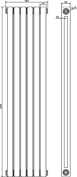 Technical image of Crown Radiators Peony Double Radiator. 6702 BTU (Anthracite). 1800mm Wide.