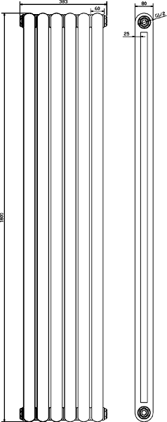 Technical image of Hudson Reed Radiators Salvia Double Radiator. 4704 BTU (Anthracite). 1800x383mm.