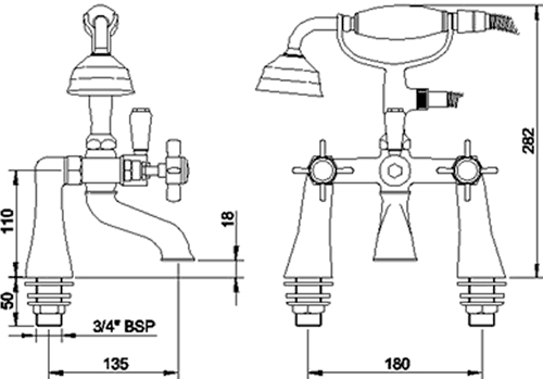 Technical image of Crown Traditional 1/2" Bath Shower Mixer Tap With Shower Kit (Chrome).