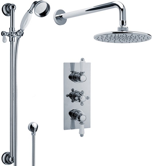 Larger image of Crown Showers Triple Thermostatic Shower Valve, Slide Rail Kit, Head & Arm.