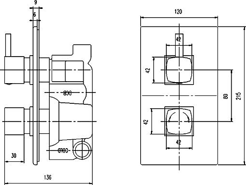 Technical image of Crown Showers Twin Concealed Thermostatic Shower Valve (Chrome).