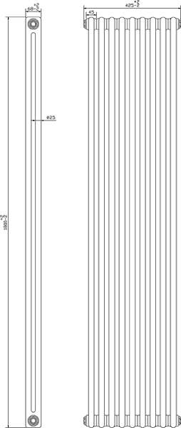 Technical image of Crown Radiators Regency 2 Column Radiator (White). 425x1800mm. 5749 BTU.