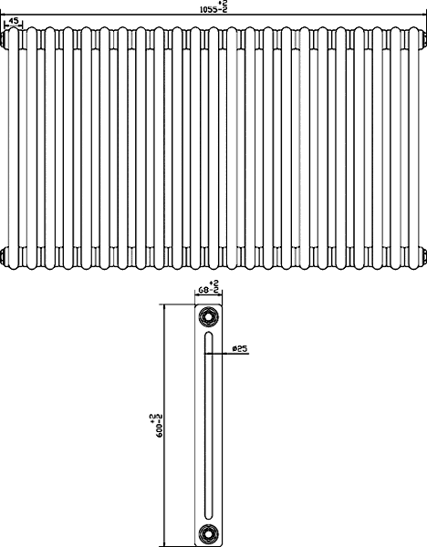 Technical image of Crown Radiators Regency 2 Column Radiator (Black). 1055x600mm. 4897 BTU.