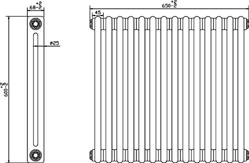 Technical image of Crown Radiators Regency 2 Column Radiator (Black). 650x600mm. 2981 BTU.