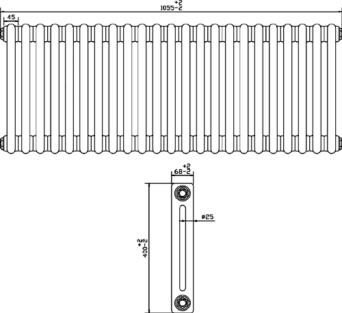 Technical image of Crown Radiators Regency 2 Column Radiator (White). 1055x400mm. 3104 BTU.