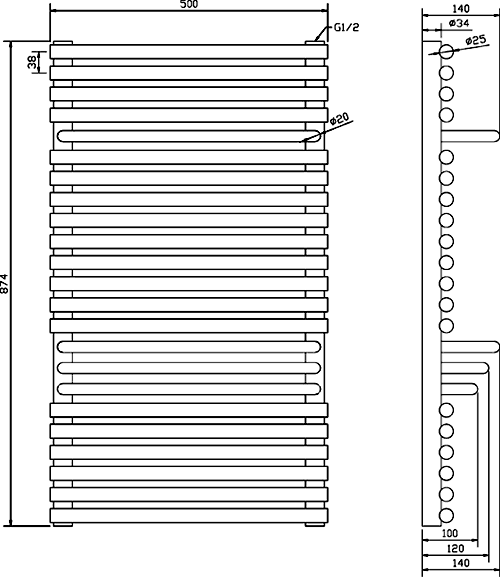 Technical image of Crown Radiators Radiator With Built In Towel Rails (White). 500x875mm.