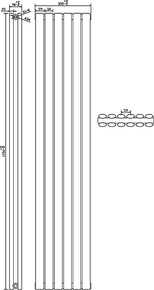 Technical image of Crown Radiators Ricochet Vertical Radiator (Anthracite). 354x1750mm.