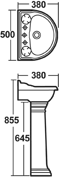 Technical image of Crown Ceramics Ryther 500mm Basin & Pedestal (2 Tap Holes).