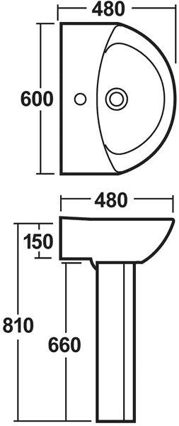 Technical image of Crown Ceramics Knedlington 600mm Basin & Pedestal (1 Tap Hole).