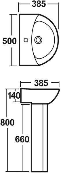 Technical image of Crown Ceramics Knedlington 500mm Basin & Pedestal (1 Tap Hole).