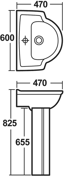 Technical image of Crown Ceramics Linton 600mm Basin & Pedestal (1 Tap Hole).