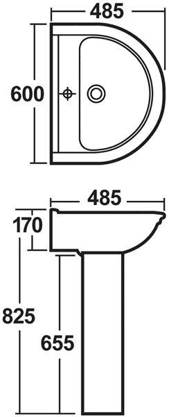 Technical image of Crown Ceramics Barmby 600mm Basin & Pedestal (1 Tap Hole).